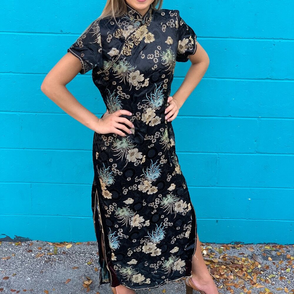 Cheongsam (qipao) Maxi with Bamboo Flower Design Vintage